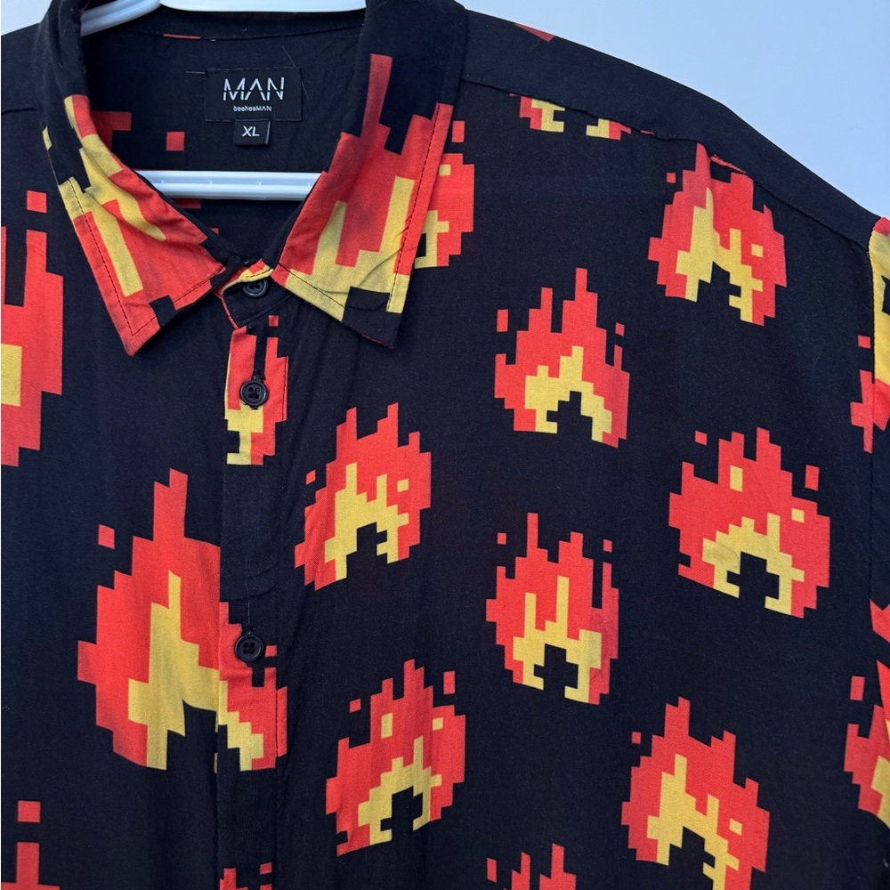Boohoo Mens Black and Red Pixel Art Casual Shirt
